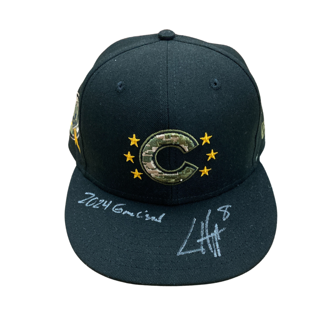 Ian Happ Game Used and Signed "Armed Forces Day" Cubs Hat