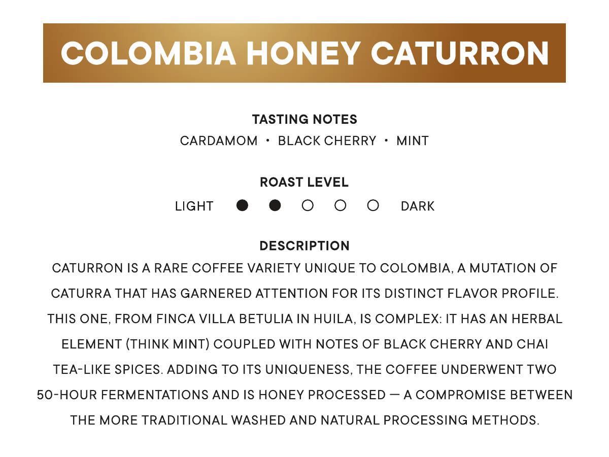 Colombia Honey Caturron tasting notes card