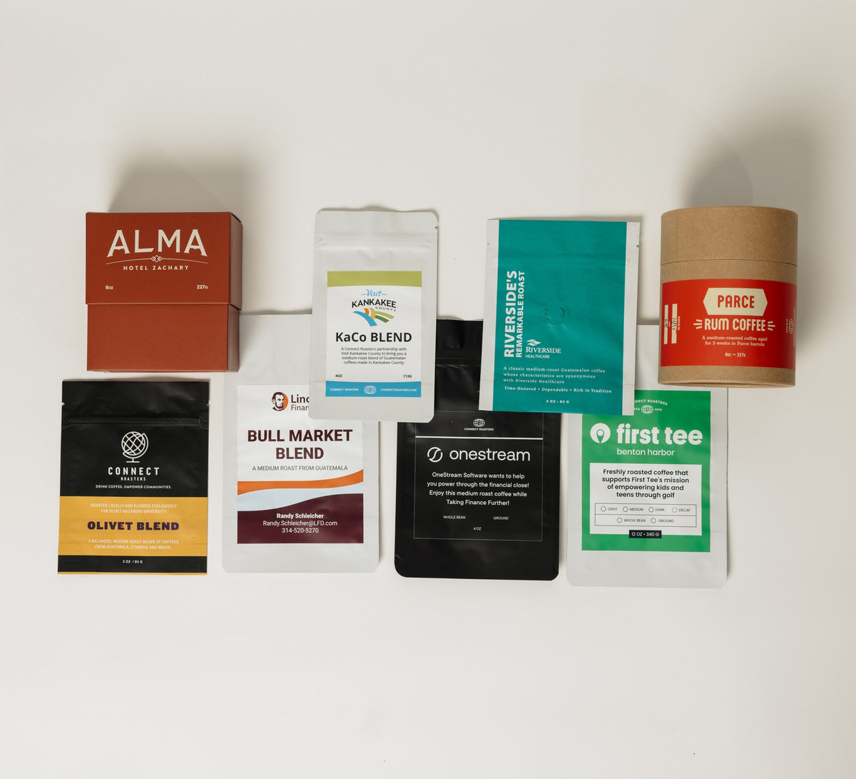 Coffee printed with client logos for Hotel Zachary, Visit Kankakee County, Riverside Healthcare, Olivet Nazarene University, Lincoln Financial, OneStream and First Tee-Benton Harbor