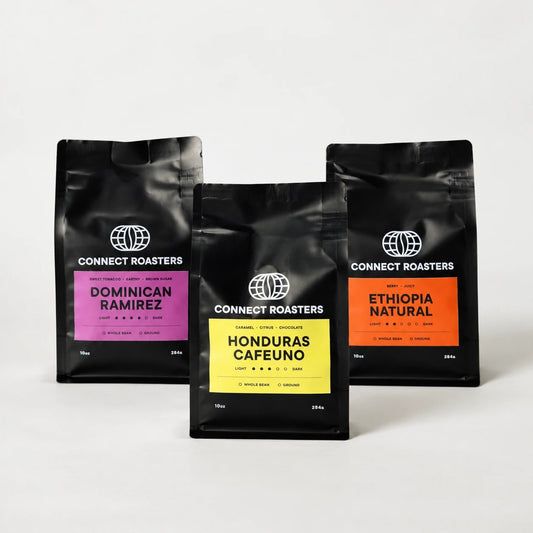 Three bags of Connect Roasters coffee: Dominican Ramirez, Honduras Cafeuno and Ethiopia Natural
