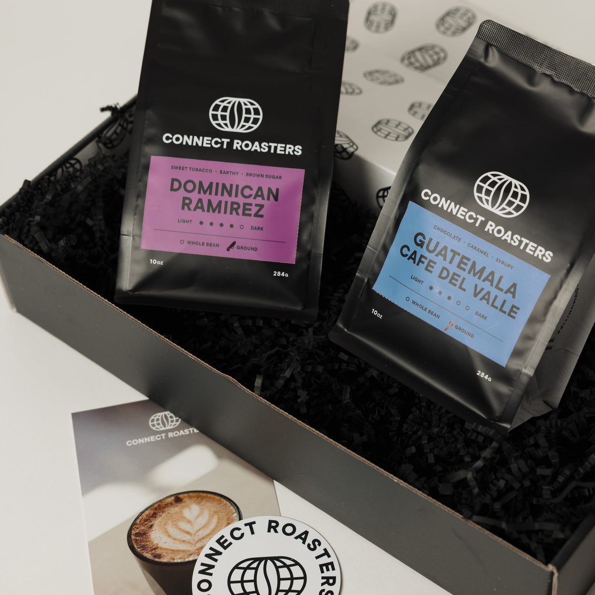 The Double gift box with two 10 oz bags of Connect Roasters coffee and a printed gift card