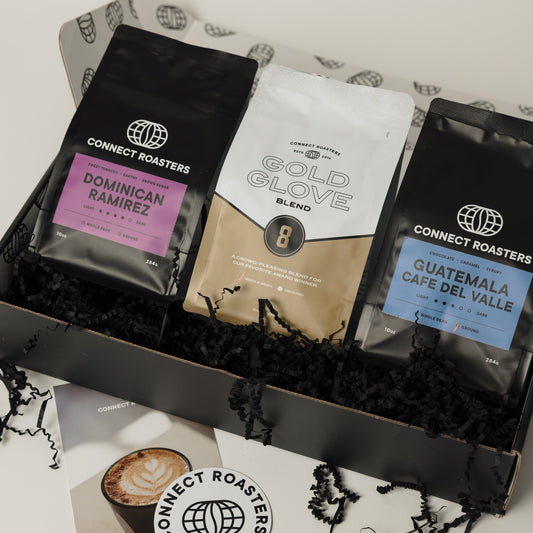 The Flight gift box with three 10 oz bags of coffee from three origins and a tasting card