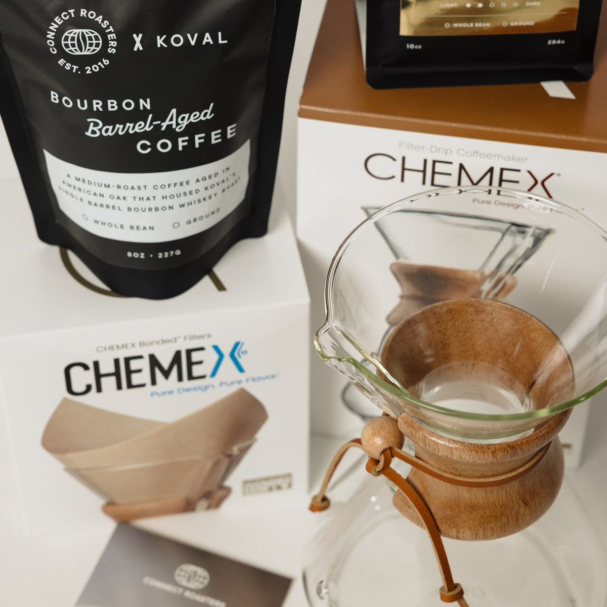 The Front Office gift arranged with the Chemex brewer, filters and two bags of coffee