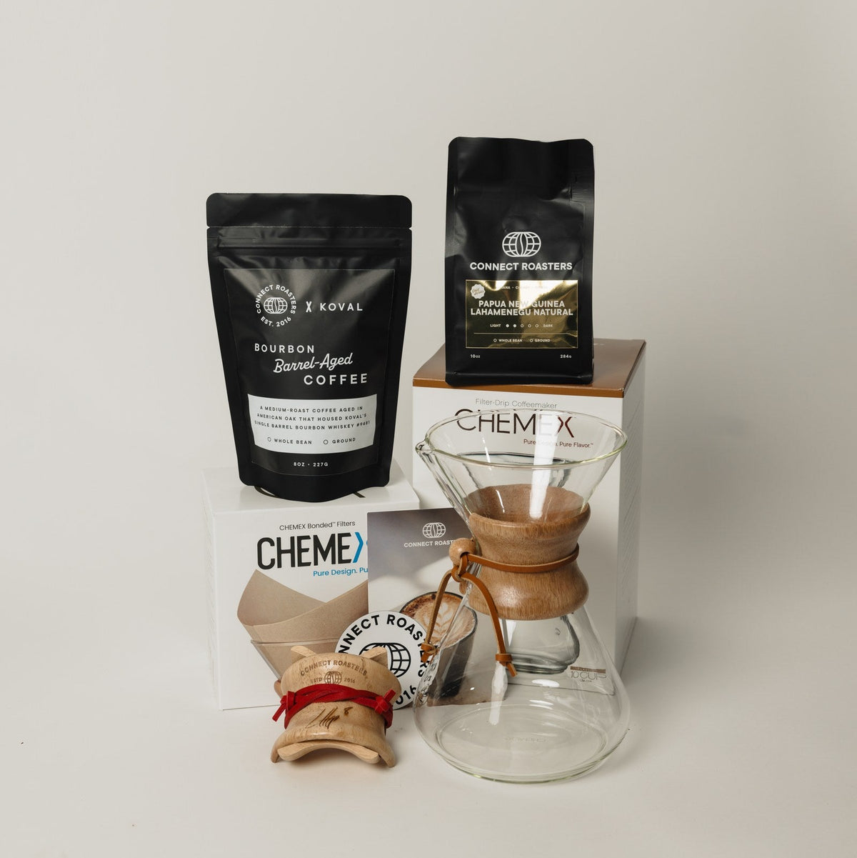 The Front Office coffees beside the Chemex brewer in its retail box