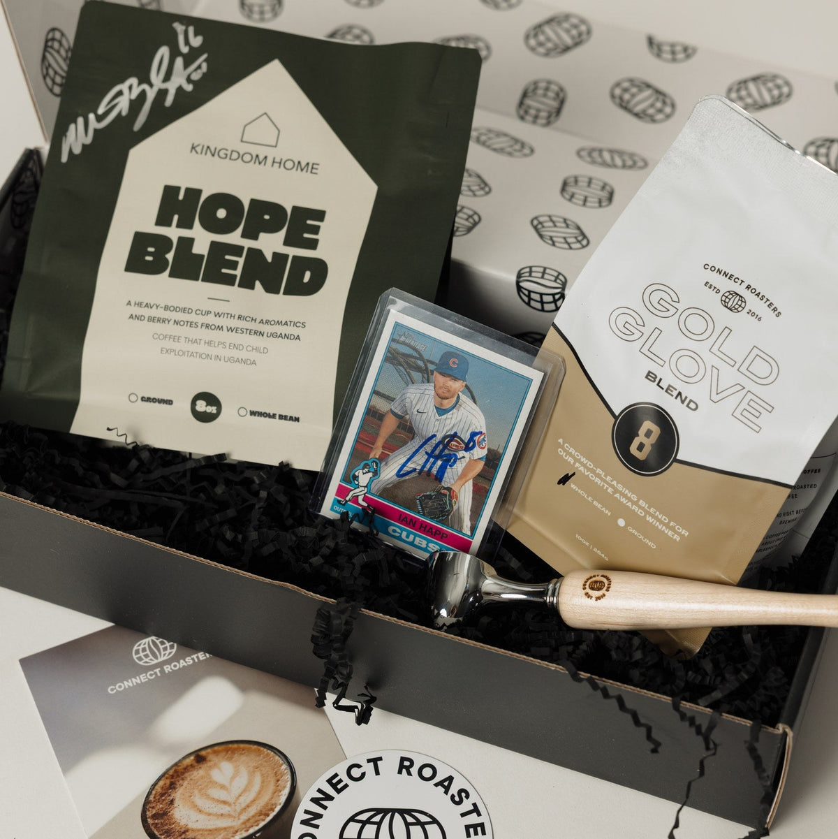 The Gold Glove gift box with Gold Glove Blend, signed Hope Blend, a signed Ian Happ baseball card and a bat-barrel coffee scoop